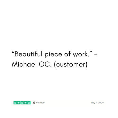 Customer review quote on a white background with a verified badge.