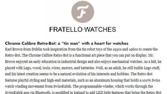 This Image shows a press cutout of an article from Fratello watches website. The topic is the Retro-Bot Watch Winder. It mentions Karl Brown and Chrome Calibre