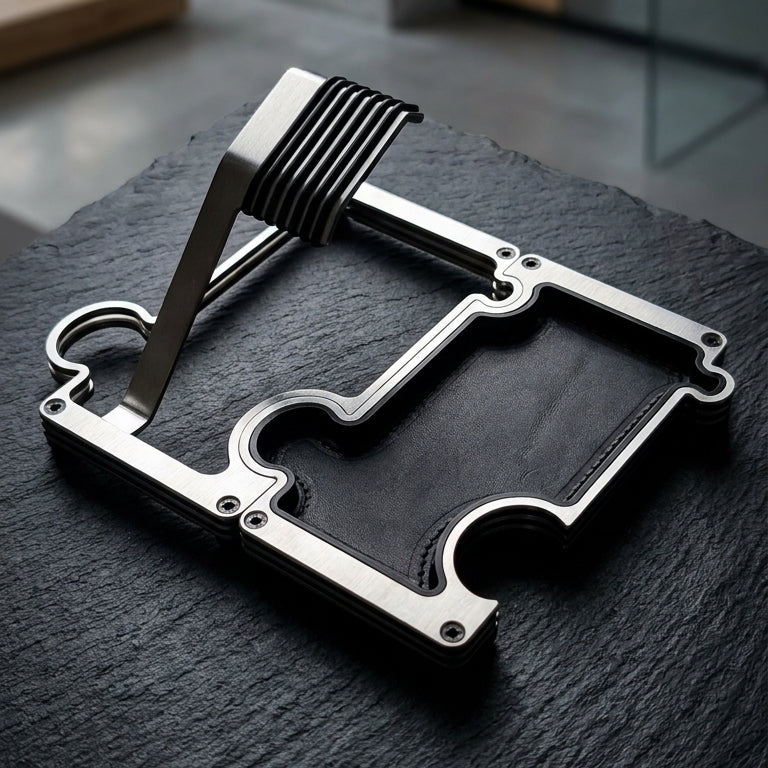 A silver metal watch stand with a black texture , resting on a dark slate surface in a modern interior setting.