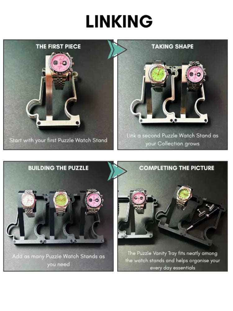 Instructions for linking the Puzzle watch stand. The instructions include 4 images and descriptive text