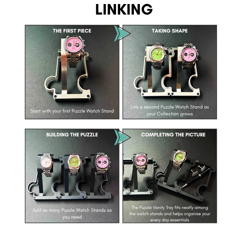 Step-by-step guide on linking puzzle watch stands with text instructions.