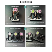Step-by-step guide on linking puzzle watch stands with text instructions.