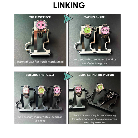 Step-by-step guide on linking puzzle watch stands with text instructions.