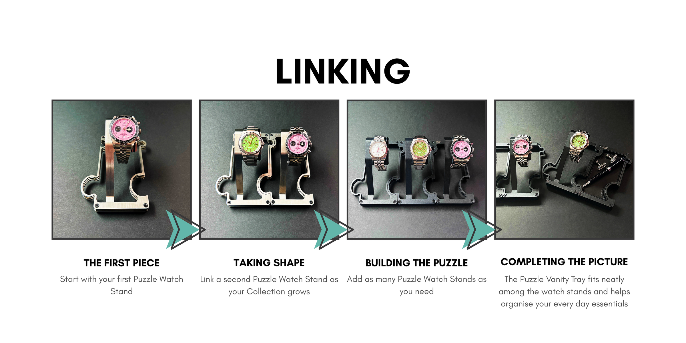 Step-by-step guide on linking puzzle watch stands with text instructions.