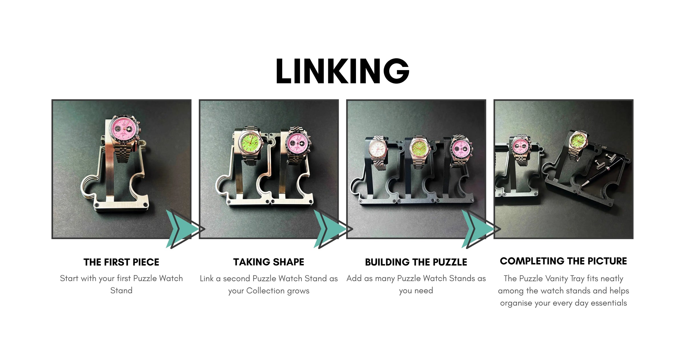 Step-by-step guide on linking puzzle watch stands with text instructions.