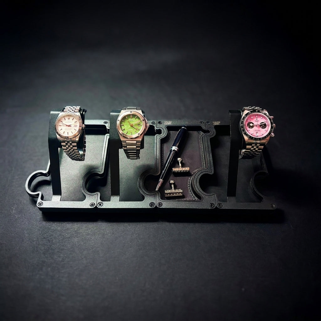 A black watch stand set with three watch slots, shown holding three wristwatches and accessories on a dark background.
