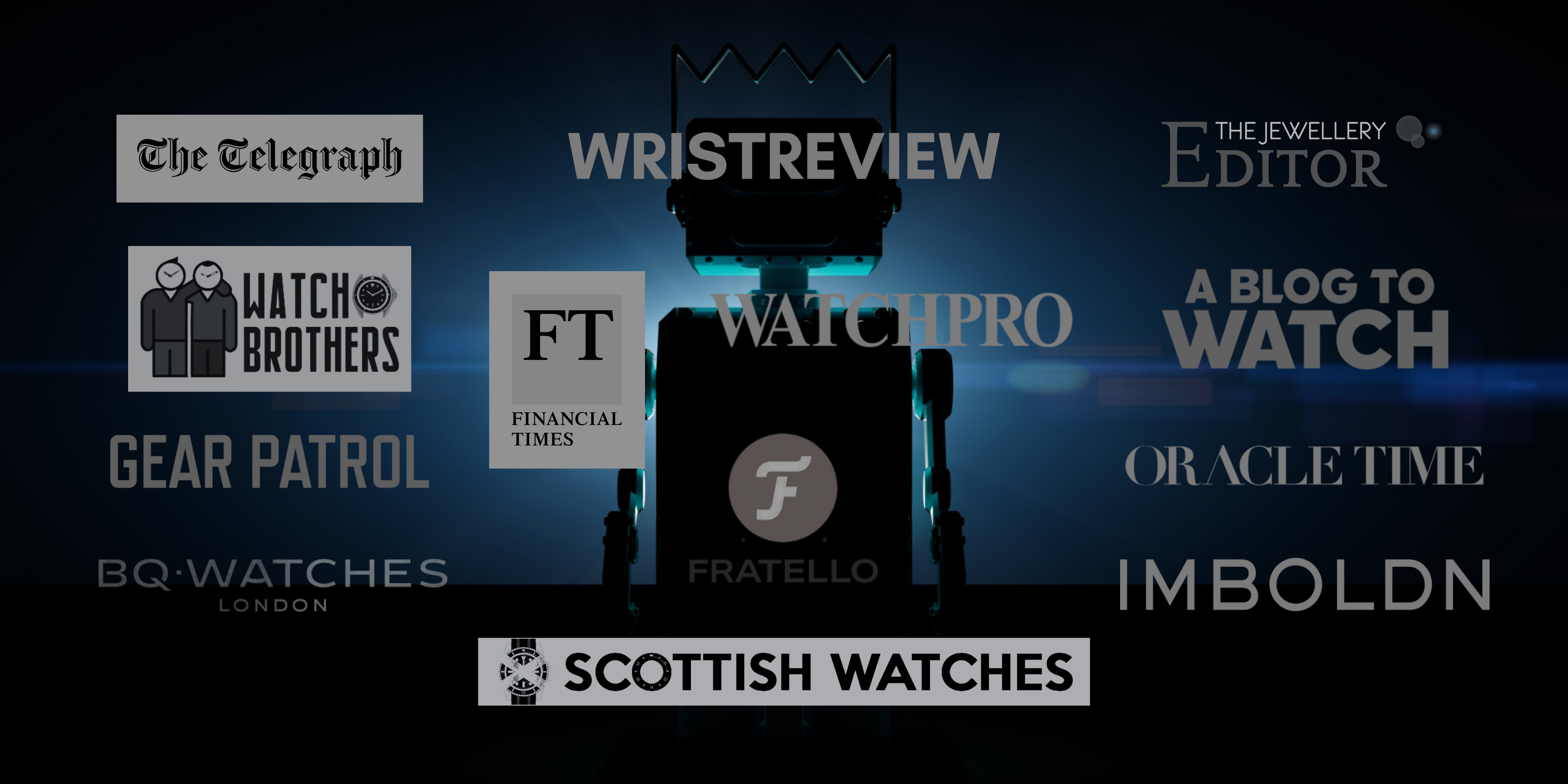 This image depicts a list of various press outlets, magazine titles and online media outlets logos superimposed on an image of a robot in shilouette.