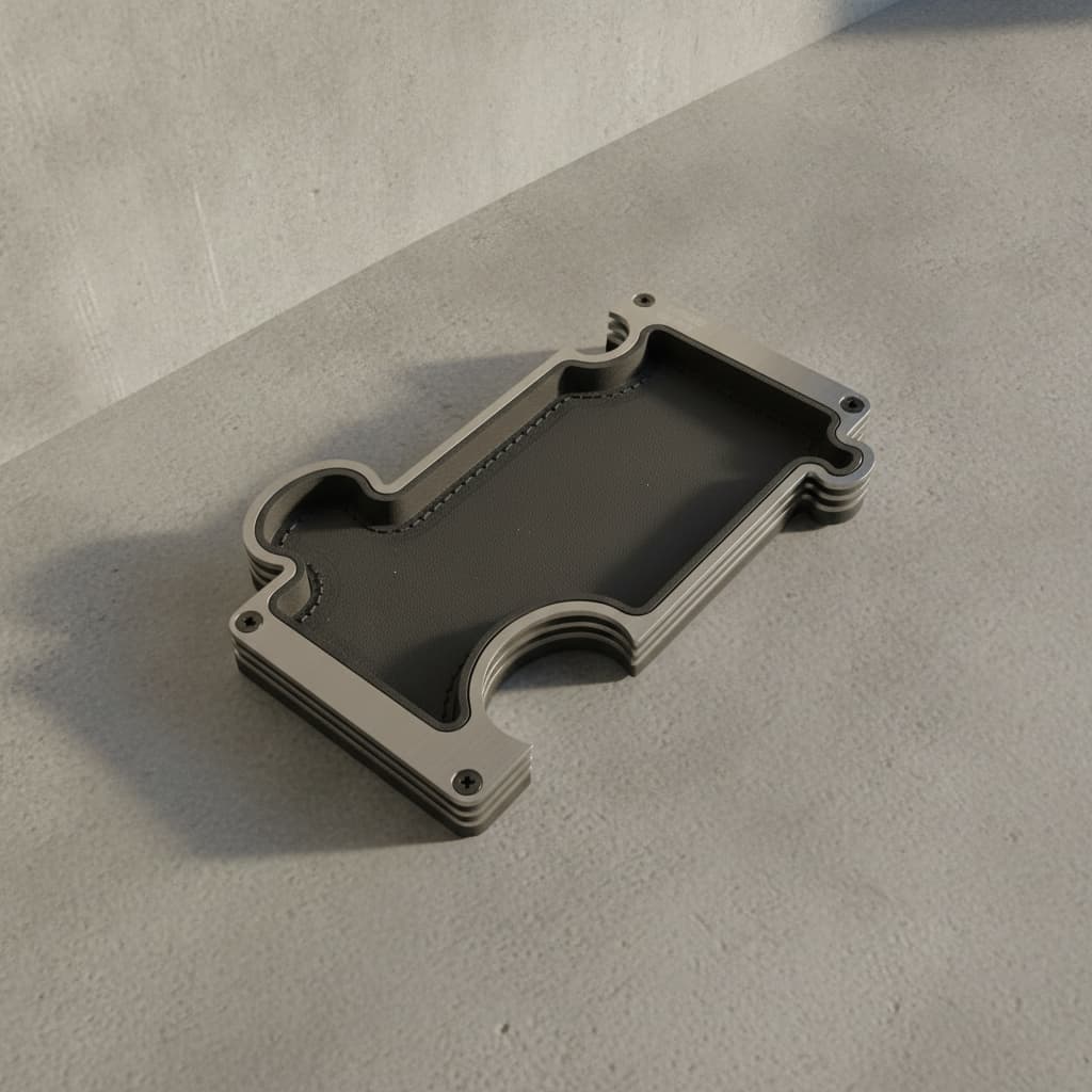 A modern vanity tray in steel with a dark leather insert and a brushed steel metallic frame, resting on a textured concrete background