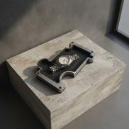 A silver-toned metal watch with a mesh bracelet rests on a black, asymmetrical display tray placed atop a textured stone pedestal in a minimalist gray room.
