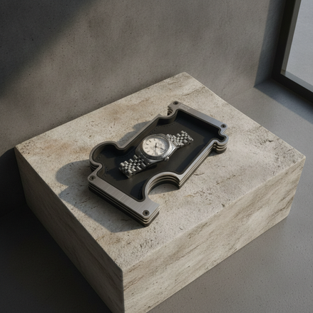 A silver-toned metal watch with a mesh bracelet rests on a black, asymmetrical display tray placed atop a textured stone pedestal in a minimalist gray room.