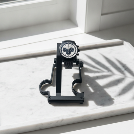 A black chronograph watch with a white dial and black mesh strap is displayed on a black stand on a white marble surface near a window, with palm leaf shadows cast across it.