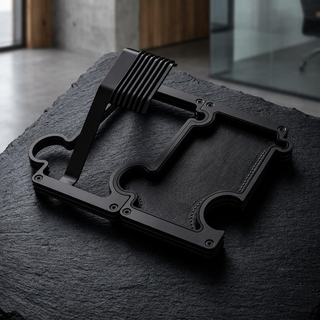 A black metal watch stand and vanity tray  accessorydisplayed on a dark textured stone slab in a modern interior setting.