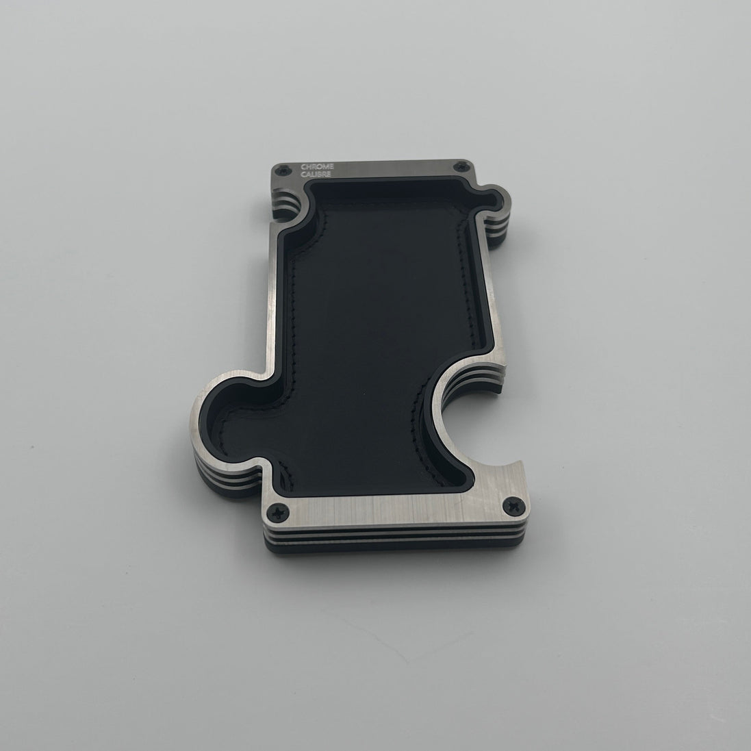 vanity tray in brushed steel on white background