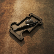 A black pen-shaped desk organizer tray with a black pen and small silver accessories placed on top, set on a textured brown surface.
