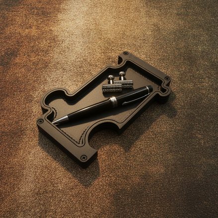 A black pen-shaped desk organizer tray with a black pen and small silver accessories placed on top, set on a textured brown surface.