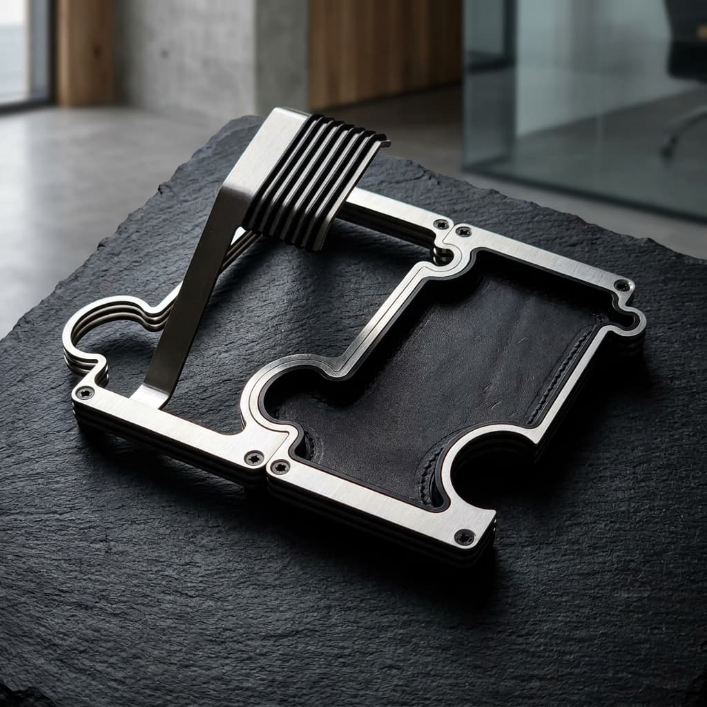 A watch stand and vanity tray set with a brushed silver metal frame and black textured ridges, resting on a dark slate surface in an indoor setting.